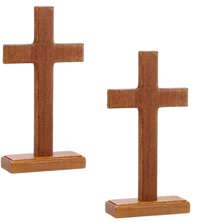 nbeads Juego de 2 cruz de madera, 3,55 x 9 x 17,5 cm, adornos con base para casa, iglesia y oficina, varios accesorios de decoración, color marrón
