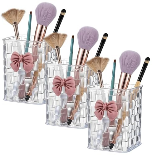 BeoTnp 3 Pcs Makeup Brush Holder,Pen Holder,Pen Holder For Desk,Organiser Set With 3 Transparent Cups And 3 Small Bow Stickers, Compact Design For Vanity And Bathroom Use