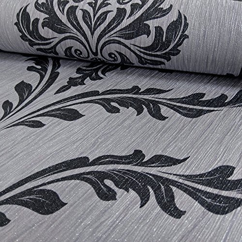 Debona Crystal Floral Leaf Damask Pattern Wallpaper Glitter Motif Textured (Silver Black 9032)