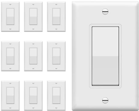 ENERLITES Decorator On/Off Paddle Switch with Wall Plates, Single Pole, 3 Wire, Grounding Screw, Residential Grade, 15A 120V/277V, UL Listed, 91150-WWP-10PCS, White (10 Pack)