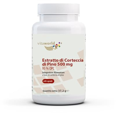 Vita World Estratto di Corteccia di pino 500 mg ad alto dosaggio OPC proantocianidine oligomeriche 60 capsule Made in Germany Vegano