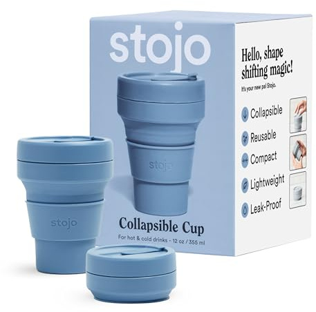 STOJO On-The-Go Collapsible Coffee Cup - 12oz / 355ml - Reusable & Foldable Silicone Travel Mug with Lid - Portable, Pocket Size - Dishwasher Safe - Steel Blue