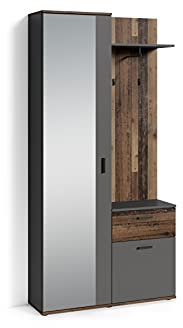 byLIVING Kompakt-Garderobe Jakob/Korpus in Old Wood/Schubladen-Front in anthrazit/Garderobe mit großer Spiegeltür/Fest montiertes Set/Kommode/Schuh-Schrank/B 97, H 195, T 30 cm