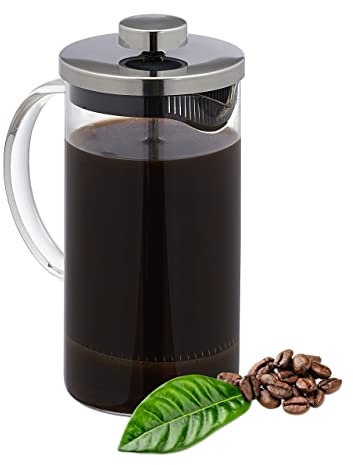Relaxdays Cafetière Manuelle, Carafe à Piston, passoire intégrée, 600 ML, Verre et Acier Inoxydable, Transparent/argenté