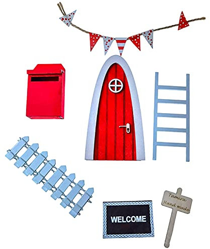 JAWSEU Porte de Lutin Miniature Noël, Kit de Noël Miniature Lutin de Noël Accessoires avec Porte, Clôture, Échelle en Bois, Tapis, Boîte Aux Lettres Ensemble Mini Lutins Noël pour Décoration Noël