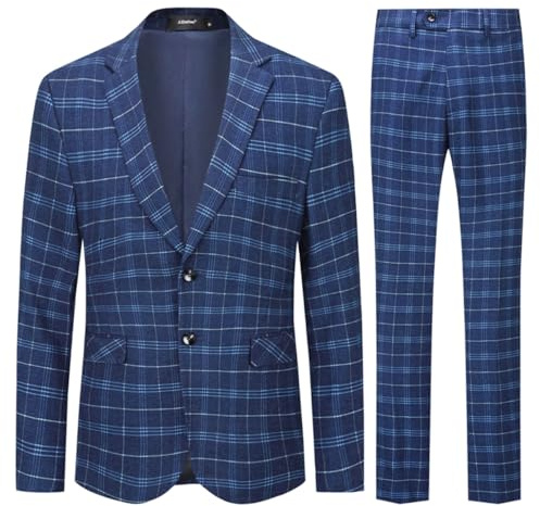Allthemen Costume Homme 2 Pièces à Carreaux Tuxedo Slim Fit Casual Deux Boutons d'affaire Mariage Bleu Marine XXL