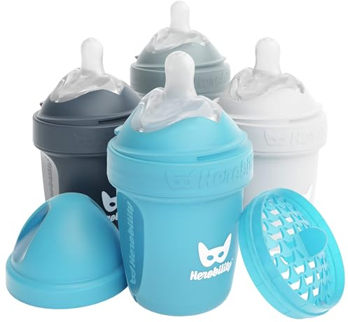 Herobility Double Anti-Colic Baby Bottles – 5 fl oz/140ml – 4-Pack – Multicolor – White, Gray, Iron Blue, Blue