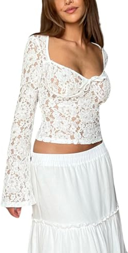 Loalirando Camiseta de mujer de manga larga con cuello en V crop top sexy chica camiseta corta top transparente de encaje camiseta elegante blusa mujer noche Clubwear, Color blanco., S