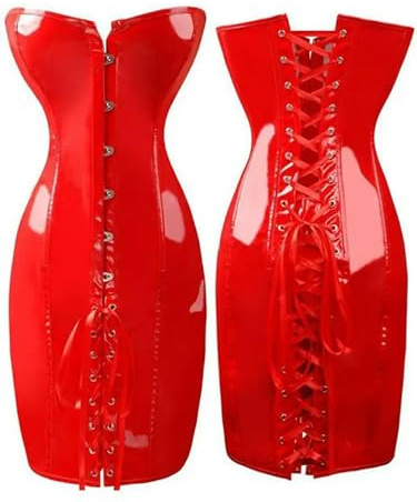 ARESU Vestido de Látex Rojo y Negro Con Aspecto Mojado, Gótico de Piel Sintética Con Cordones, Corsé Sexy, Ropa de Discoteca - Rojo - XXL