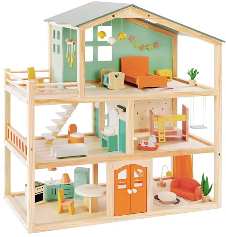 Giant bean Large Wooden Dollhouse with 32 Pcs Furniture Accessories, 3-Story Doll House 5 Rooms Balcony Wooden Stairs, Ideal Dollhouse Toy for Kids Ages 3+, 30 H x 28 L x 13 W