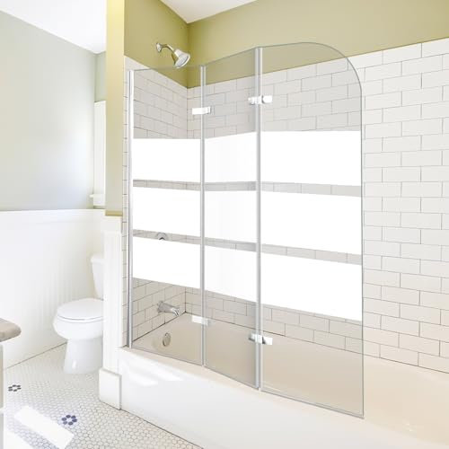 Jiubiaz Paroi de douche pour baignoire 120 x 140 cm - En verre pliable en 3 parties - Bandes de sécurité EGS de 6 mm - Accessoires de cabine de douche - Bandes blanches