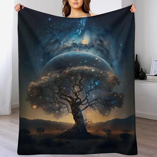 GGJJTT Premium Tagesdecke | Bettüberwurf Wohndecke Weiche Flannel Kosmischer Lebensbaum Decke Sofadecke Mit 3D Muster Vier Jahreszeiten Wohndecke Für Bett/Couch(150×200cm)