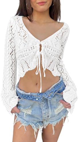 Saodimallsu Womens Crochet Crop Tops Tie Front Bell Long Sleeve Cardigan V Neck Lightweight Knit Shrug Sweaters White