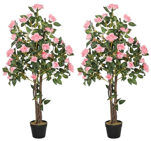 HOMCOM Set of 2 Decorative Artificial Plants, Faux Silk Rose Trees in Pot, Fake Plants for Home Indoor Decor, 110 cm, Pink
