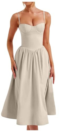 2025 abito corsetto donna spalline bustier abito midi corsetto fluente orlo pieghettato spugna abito da spiaggia donna, beige., M