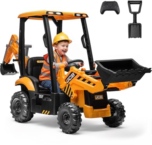 First Ride On JCB 12V Ride on Excavator for Kids with Remote Control, 3-in-1 Excavator, Bulldozer & Backhoe Ride on Toy, Kids Electric Construction Car with Reversible Seat, Canopy & Seat Belt (12V)