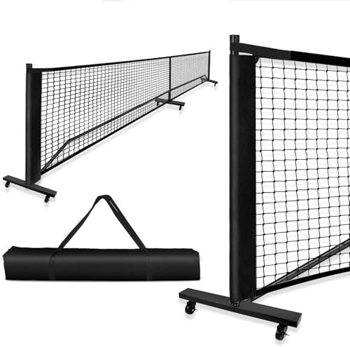 Pickleball Net, 22FT Regulation Size Portable Pickleball Net,18-Ply PE Nets, System with Carrying Bag for Outdoor Indoor Driveway Game (Dark Black Withwheels)