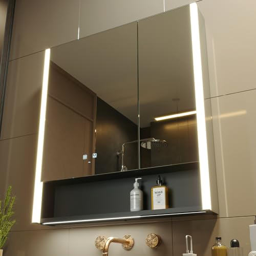 KWW LED Illuminato Bagno Medicine Cabinet con Specchio, Temperatura di Colore Regolabile, Luci Dimmabili Anti-Nebbia, Outlet & USBs, Armadio Medico Montato A Parete (2 ante-80×85)