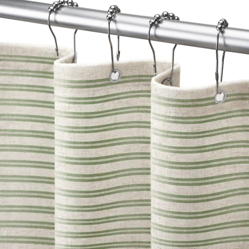 NDDYCU Sage Green Linen Shower Curtain,Horizontal Stripe Bath Curtain,Rustic Farmhouse Bathroom Decor,Vintage Cottagecore Boho Style 72x72 Inches