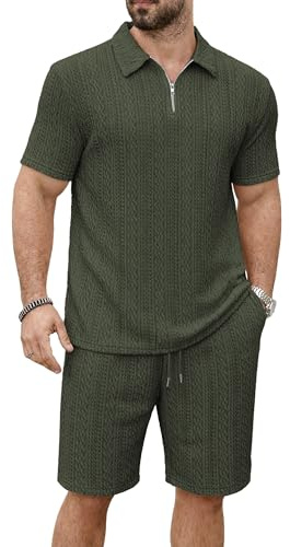 KUYIGO Men's Tracksuit Polo Shirt & Shorts 2 Pieces,Summer Casual Breathable T-Shirts and Shorts, Gym, Holiday & Outdoor Use L Army Green