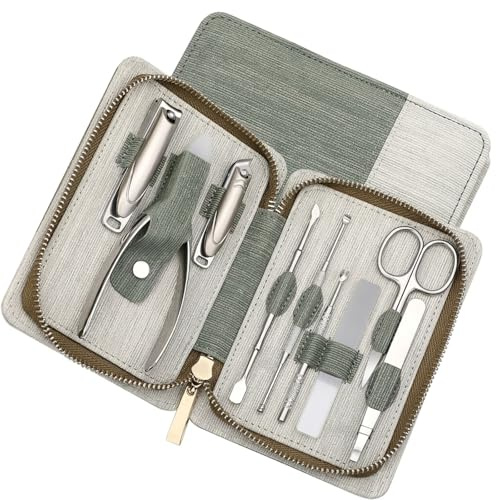 VELAJA Set de Manicura 9 Piezas, Kit de Pedicura de Acero Inoxidable con Estuche, Set Profesional para el Cuidado de las Uñas con Cortaúñas, Tijeras, Lima de Vidrio para Uso Doméstico y Viajes