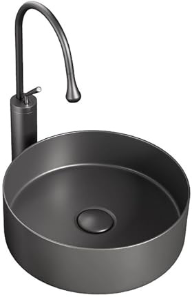 Fregadero de baño redondo pequeño con grifo de doble control y kit de drenaje, diseño moderno para tocadores y balcones