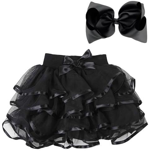 BGFKS 4 Layered Tulle Tutu Skirt for Girls with Matching Hairbow,Girl Ballet Tutu Skirt (Black, 5-7 Years)