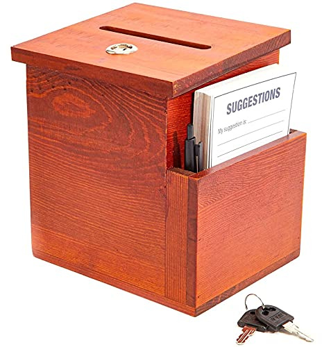 Juvale Wooden Suggestion Box with Lock and Keys, Brown Ballot Box with 50 Blank Suggestion Cards, Locking Lid and Side Slot for Donation, Comments, Feedback (7.5 x 7.1 x 5.5 In)