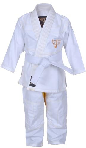 Jayefo Brazilian Jiu Jitsu Gi - Karate Gi Kids for Girls & Boys, Lightweight & Soft Preshrunk Taekwondo Uniform Bjj Gi, Approved IBJJF, Grappling & MMA Karate Suit for Children | (K2, White Gold)