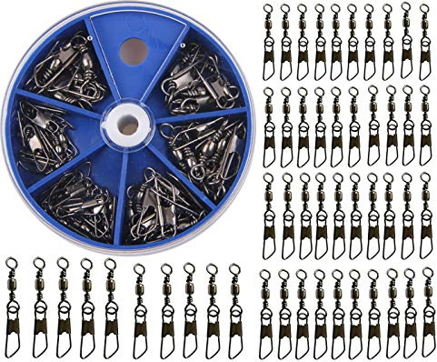 AGOOL Barrel Swivel Snap Kit - 50pcs Barrel Swivels with Safety Snaps High Strength Fishing Quick Connect Snap Swivels with Solid Ring Fishing Tackle Accessories Box Kit Size 4#,6#,8#,10#,12#,14#