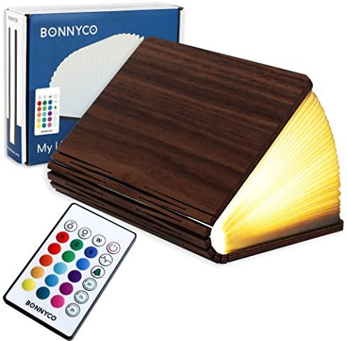 BONNYCO Lampada Libro Led Pieghevole in Legno con Telecomando 16 Colori e Timer Lampada Libro Decorazioni Casa, Camera da Letto e Ufficio | Idea Regalo Originale Donna Uomo per Compleanno Natale