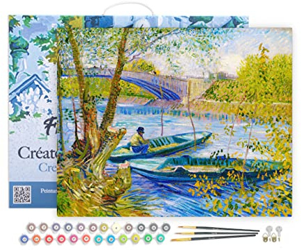 Figured'Art Peinture par Numéro Adulte avec Cadre La pêche au Printemps Pont de Clichy - Van Gogh - Activité Manuelle Kit de Loisir Créatif DIY Numéro d'Art Complet - 40x50cm toile tendue sur châssis