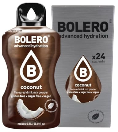 Bolero Bebida 24 bolsitas 3 gr Sticks Frutas Preparado Polvo Soluble Para Bebida Fresca en Agua Producto, 72 gramos endulzado con stevia (Coconut)