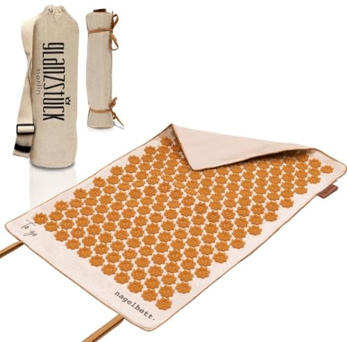 Glanzstück Berlin® Health Collection: Set de esterilla de acupresión XL TO GO de lino, ayuda para aliviar la tensión, dolor de espalda, esterilla de masaje con almohada y bolsa, sostenible