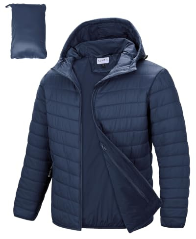 33,000ft Veste matelassée légère pour homme - Résistante à l'eau - Veste d'hiver chaude pour homme - Avec capuche - Veste tampon - Pliable
