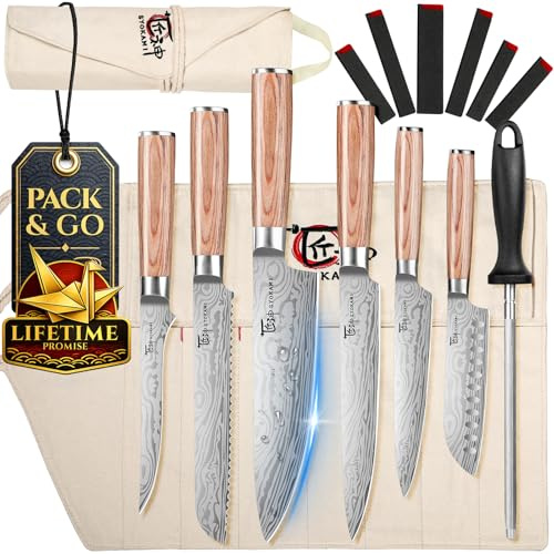 SYOKAMI Chef Knife Set with Roll Bag, Professional Japanese Kitchen Knives Sets, Damascus Pattern Pakkawood Wooden Handle, High Carbon Steel Knives with Case for Camp Outdoor Travel Gift 9 Piece