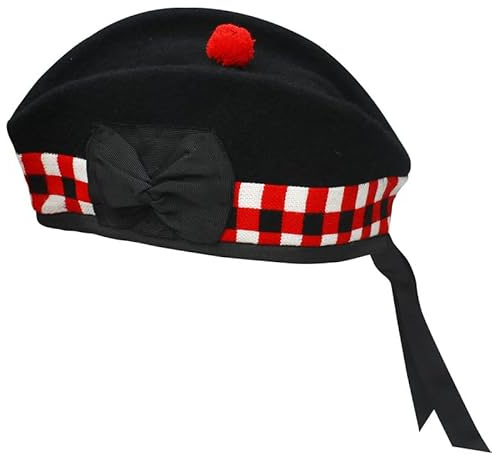 BELGLY Glengarry Casquette traditionnelle écossaise 100 % laine, tartan en laine acrylique, accessoires pour kilts/cornemuse, ruban en coton polyester, Dés noirs et rouges, 59