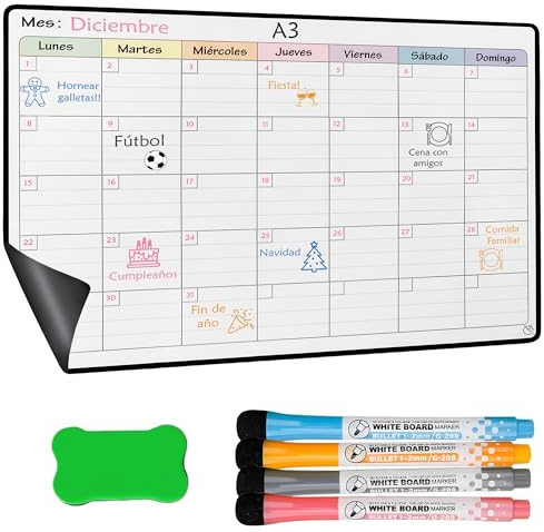 YSANCOR® Calendario Magnético Nevera Planificador Mensual o Semanal + 4 Rotuladores y 1 Borrador de Regalo | Opciones en Tamaños A4 y A3 | Ideal como Organizador Semanal (MENSUAL A3)