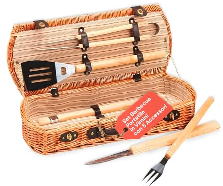 Avilia Borsa Porta Attrezzi Barbecue in Vimini – Set Barbecue Portatile con 5 Accessori in Valigetta, Kit per Barbecue da Campeggio, Attrezzi BBQ da Viaggio e Picnic Outdoor