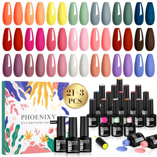 Phoenixy Esmaltes Semipermanentes para Uñas 21 Color Pintauñas Semipermanentes Kit con Base y Capa Superior de Brillante Mate Esmalte de uñas Morado, Rojo, Verde y Naranja Un Regalo Para Una Chica