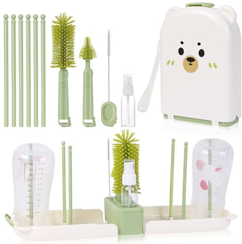 AOOTE Resor babyflaskborste set, flaskborste baby silikonborste babyflaska med silikonnappflaskborste, sugborste, halmborste, tvåldispenser, förvaringslåda
