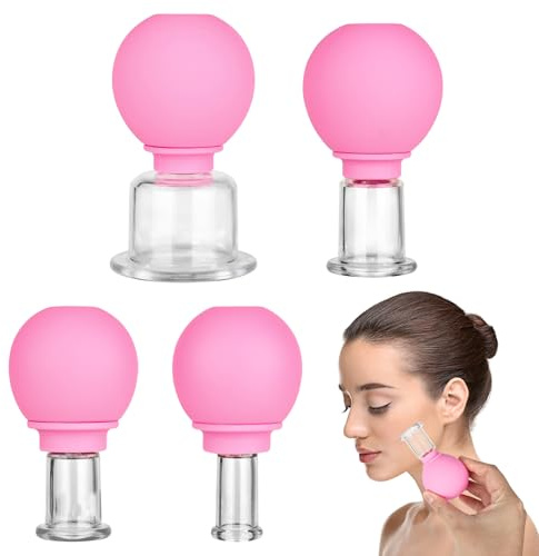 Lot de 4 ventouses en verre véritable avec boule d'aspiration en silicone, pour le visage, traitement du visage, détoxification, peau raffermie
