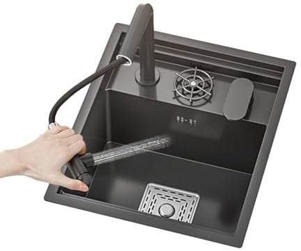 Lavello singolo nero per cucina, bar, salvaspazio, invisibile, per camper RV, vasca singola con coperchio, piccolo lavello a sifone integrato, rubinetto multifunzione in acciaio inox (2, 45 * 50 * 22
