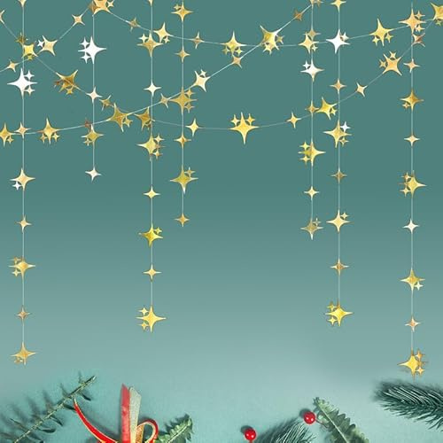 Guirnalda de papel brillante de cuatro ángulos con estrellas doradas, decoración de 12,4 m, estrella dorada Twinkle, banderines colgantes para bodas, baby shower, cumpleaños