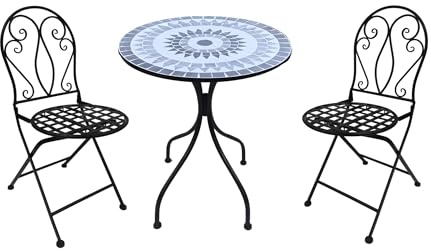 AVANTI TRENDSTORE - Mira - Set arredo esterno in metallo per due persone, composto da un tavolino con piano rotondo con inserti in mosaico e due sedie.