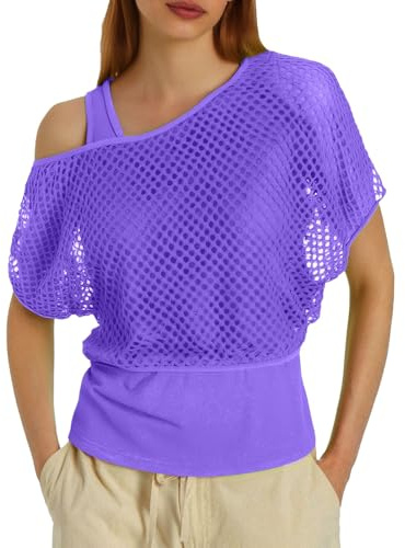 2 pièces Carnaval T-Shirt avec Gilet en Filet pour Femme Mesh Crop Top Résille Fluo avec Épaules Dénudées Tee Annees 80 Costume Deguisement pour Rétro Disco Costume Fête