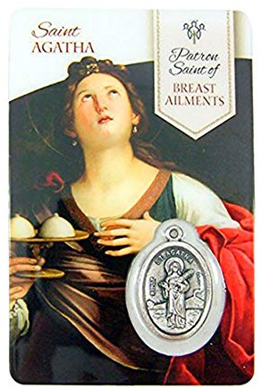 Silvertonad Saint Agatha Patron of Breast Ailments medalj med heligt kort, 1 tum