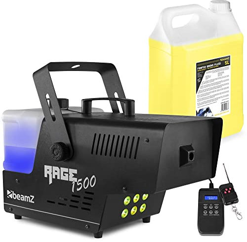 BeamZ RAGE1500LED Máquina de Humo con Efecto de Luz, 1500 Watt, LEDs RGBW, Incluye 5 Litros de Líquido de Humo, Máquina de Niebla con Control Remoto por Radio, Temporizador DMX, Disco, Bodas, Eventos
