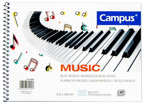 Campus – Cuaderno de Música con 20 Hojas de Pentagramas, Bloc de Música A5 con Papel de 80g y Tapa Dura de 350g, Libreta de 4 Pentagramas por Página (A5, Pentagrama Grande)
