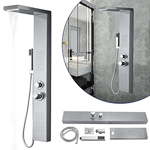 Froadp Sistema Doccia a Pioggia Pannello in Acciaio Inox Spazzolato Montaggio a Parete set Doccia con Doccia Idromassaggio Cascata e set Doccia Doccetta Lusso per Bagno (D'argento)